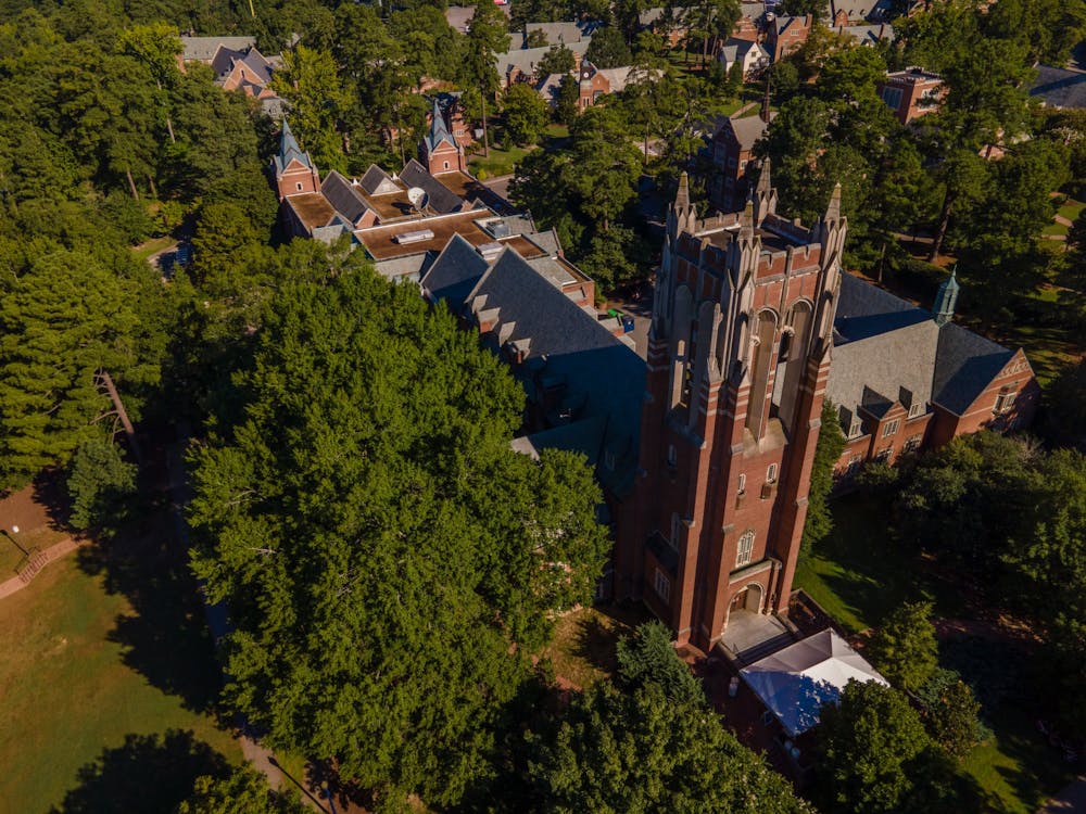 The tower at Boatwright Memorial Library gazes across campus.