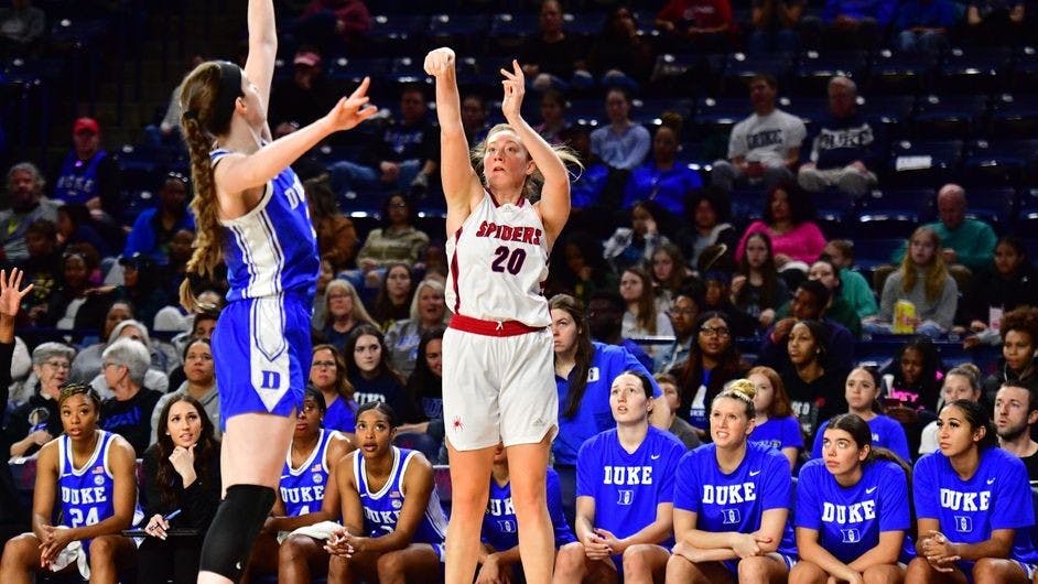 Junior forward Addie Budnik shoots above Duke University player at the Robin's Center on Dec. 4. Photo courtesy of Stephen Blue/Richmond Athletics.&nbsp;