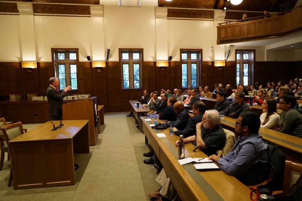 <p>Democratic Sen. Tim Kaine of Virginia speaks on Monday to a group in the University of Richmond School of Law's moot court room. <em>Photo courtesy of Jamie Betts, University of Richmond photographer.</em></p>