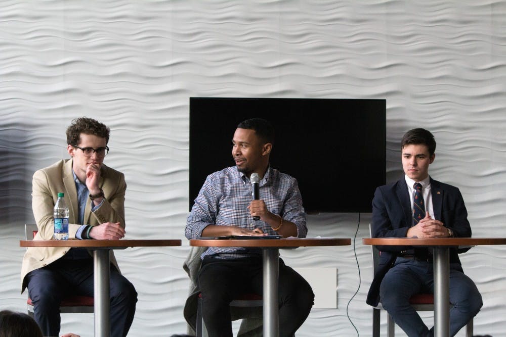 <p>Candidate Liam McGrinder (left), current RCSGA president Tyler York and candidate Mike Laposta participated in a debate preceding the RCSGA presidential election.</p>