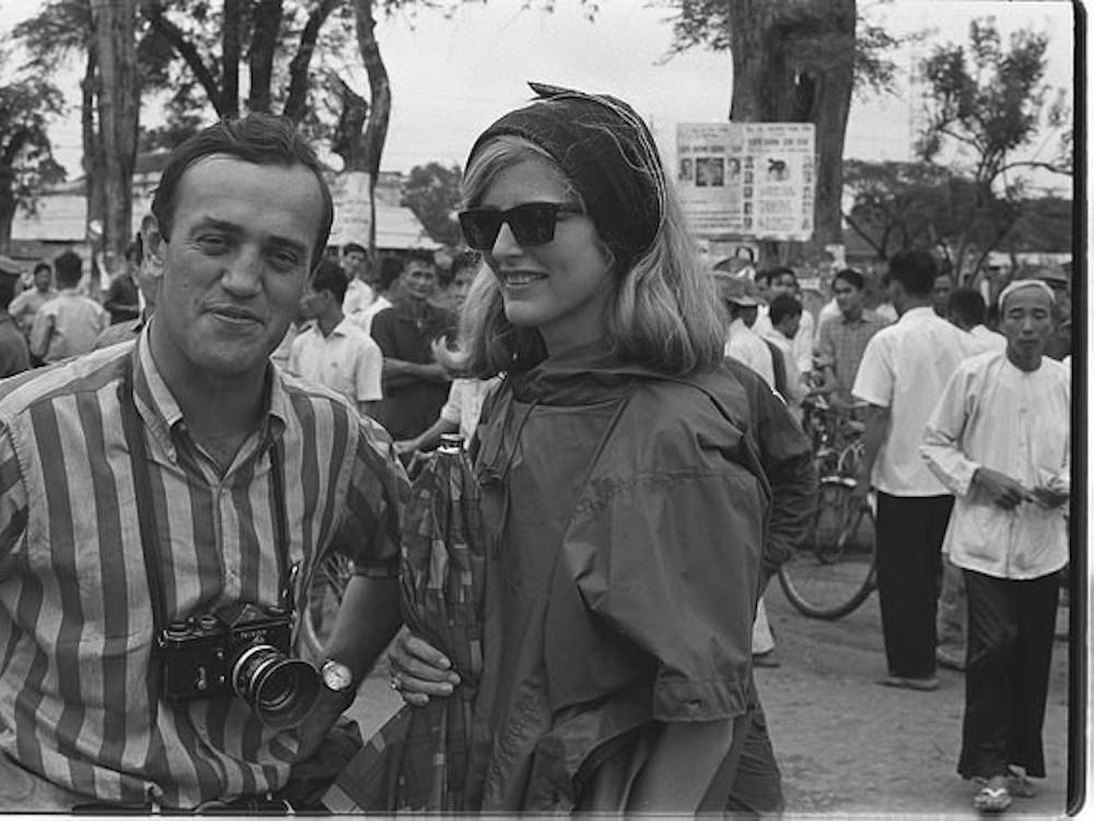 Associated Press reporters Peter Arnett and Kelly Smith pose in Phong Dinh Province, Vietnam circa 1966.