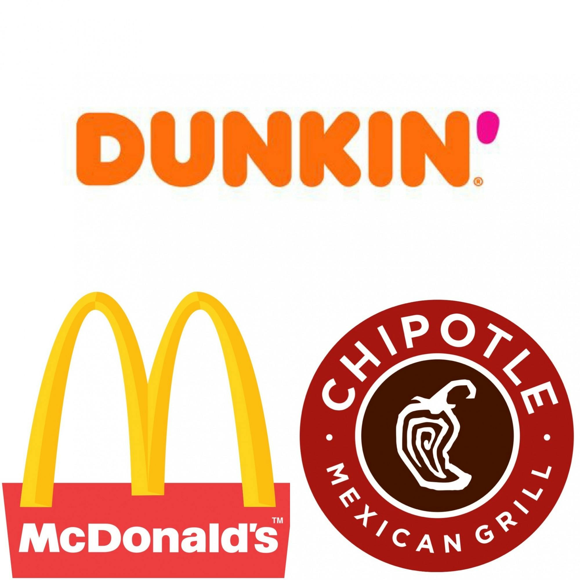A collage, from top left to bottom right, of the Dunkin', McDonald's and Chipotle logos.&nbsp;