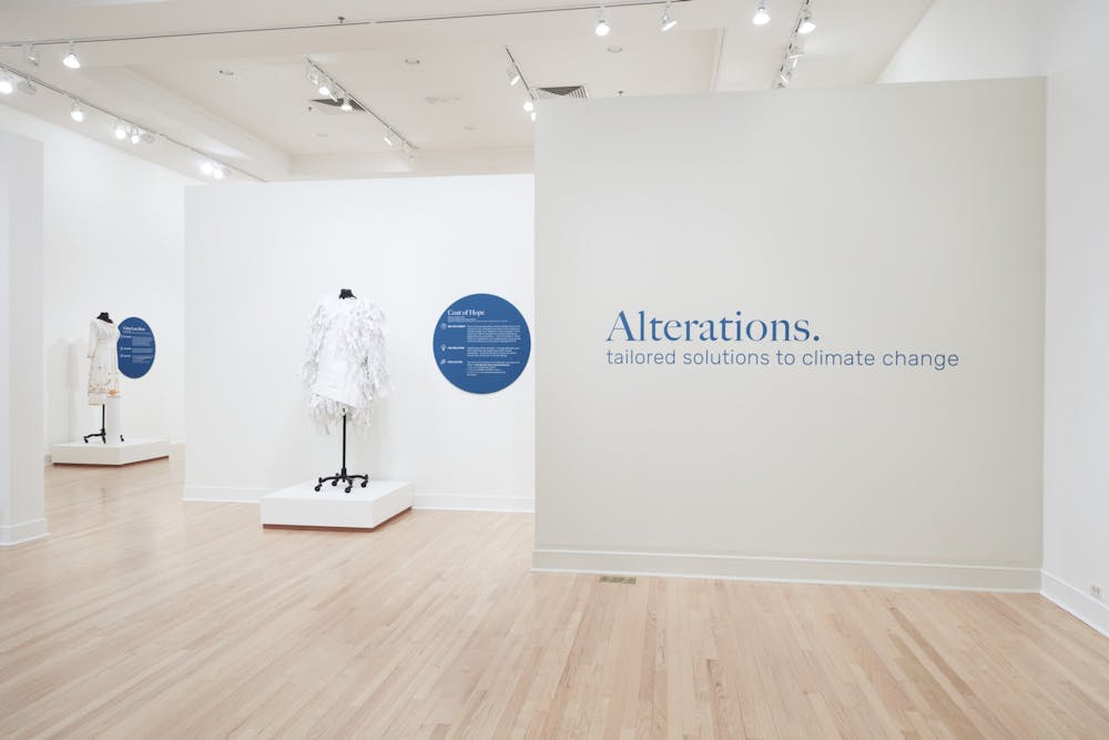 <p>Entrance of "Alterations" art exhibition showcasing high-fashion sculptures made out of recycled materials at the &nbsp;Harnett Museum of Art. The exhibit will be open until April 22. Photo courtesy of Heather Campbell.</p>