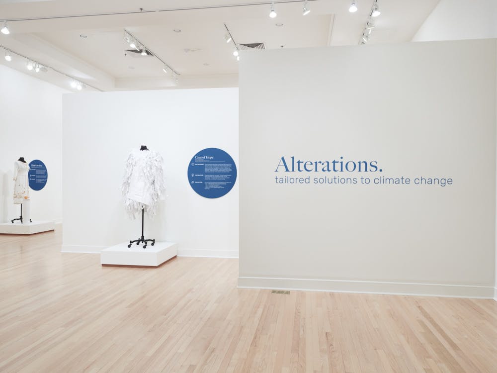 Entrance of "Alterations" art exhibition showcasing high-fashion sculptures made out of recycled materials at the &nbsp;Harnett Museum of Art. The exhibit will be open until April 22. Photo courtesy of Heather Campbell.