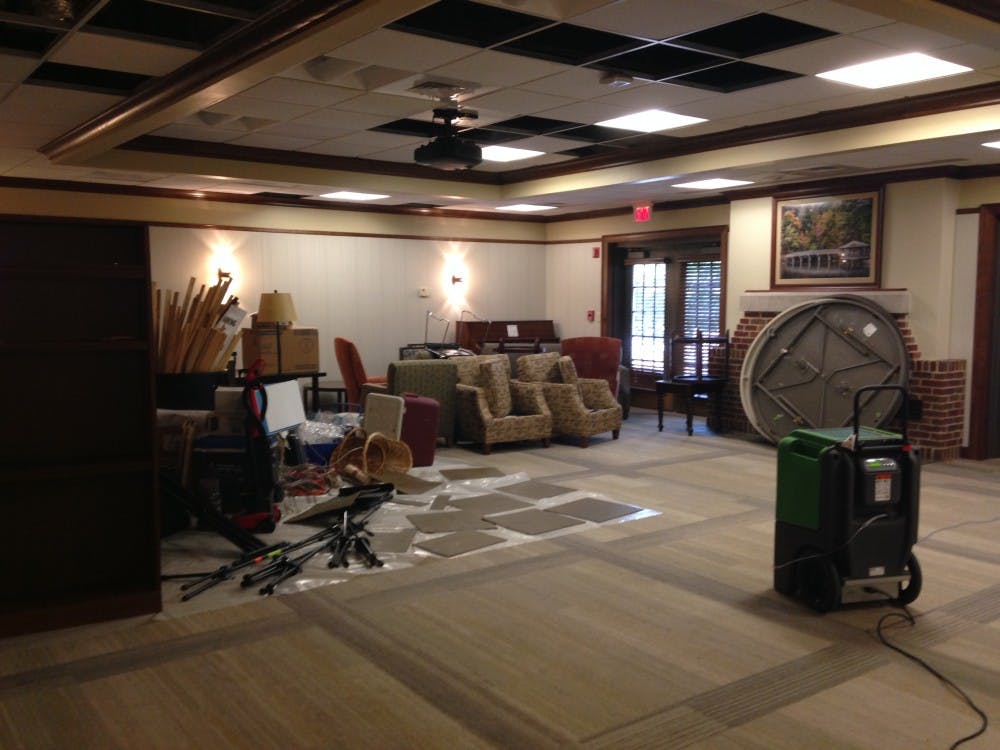 <p>Carpet had to be torn up and furniture consolidated after the Wilton Center flooded.&nbsp;</p>