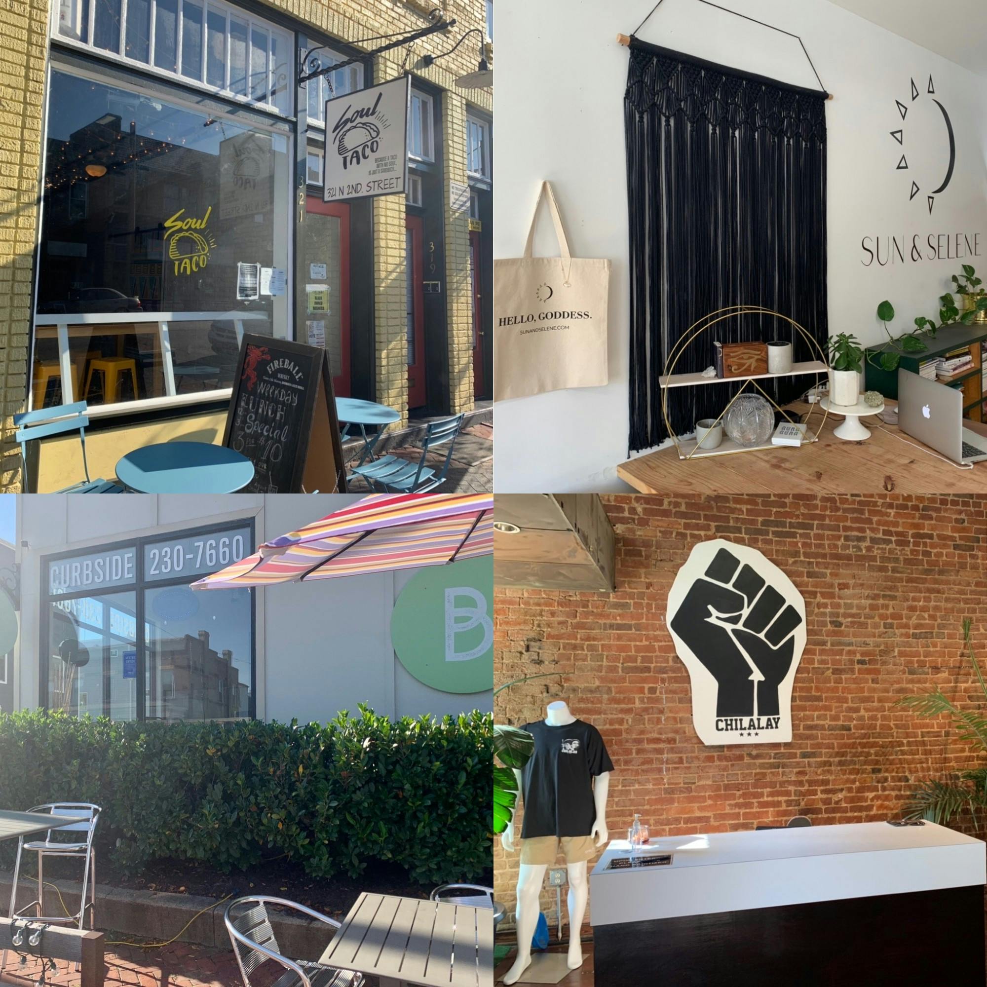 University of Richmond students can support Black owned-businesses by shopping online or ordering delivery. Featured from top left to bottom right: Soul Taco, Sun &amp; Selene, Brewer's Cafe and Chilalay.&nbsp;