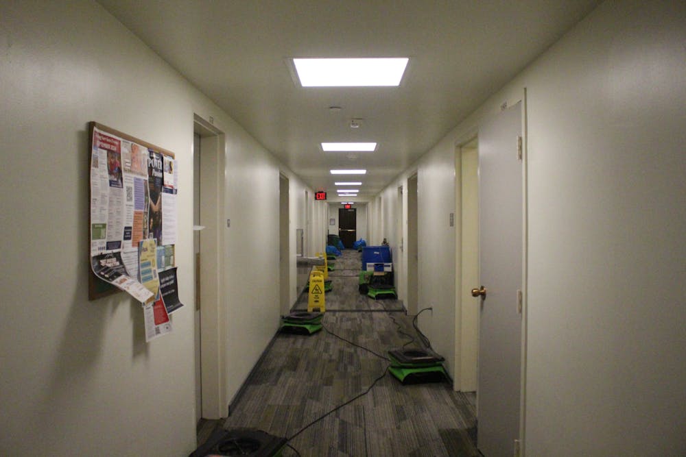 A hallway on the first floor of Robins Hall the morning after a flood on Sept. 25.