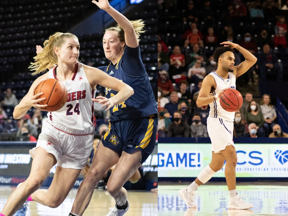 Left: Senior guard Kate Klimkiewicz takes a layup at the Feb.13 game against La Salle. Right: Graduate guard Jacob Gilyard paces the court at the Feb. 12 game against La Salle. Both games took place at the Robins Center. &nbsp;