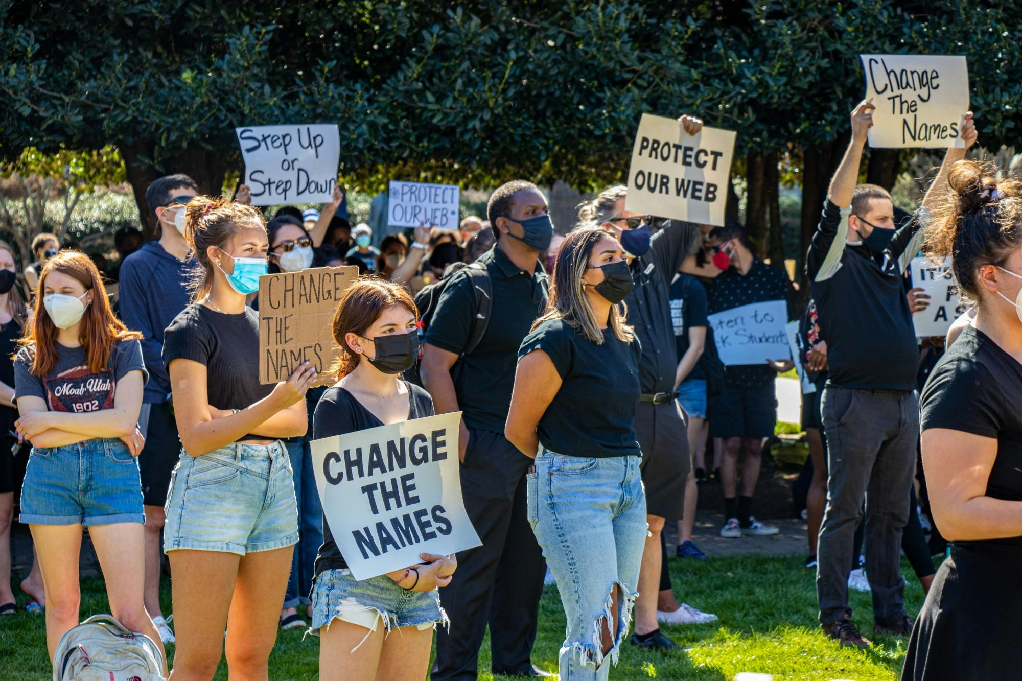 University of Richmond students, faculty and staff gathered for a silent protest on March 26, 2021 outside of a Board of Trustees meeting at the Stern Plaza. The board announced on March 17 its decision to not rename Mitchell-Freeman and Ryland halls after the UR Black Student Coalition advocated for the names of Douglas Southall Freeman and Robert Ryland to be removed from the buildings.