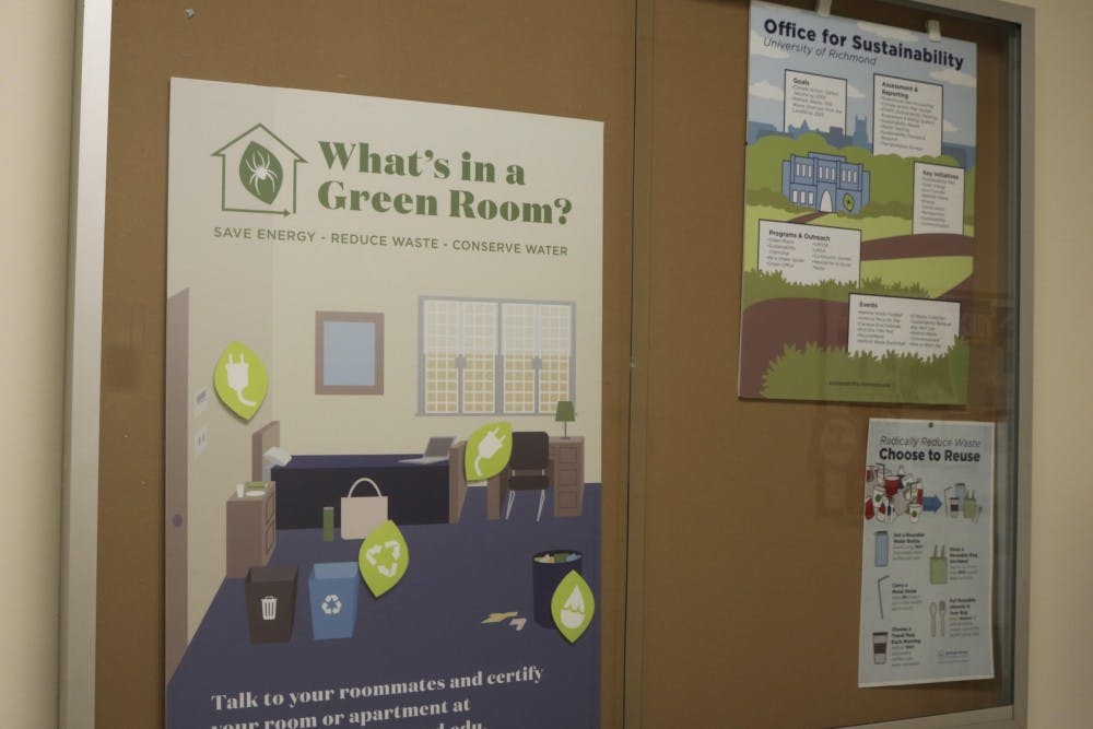 Sustainability fliers are posted outside the University of Richmond's Office for Sustainability. 