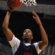 University of Richmond junior forward Darrius Garrett (1) goes up for a layup during a team practice at the Alamadome in San Antonio on Thursday, March 24, 2011, a day before the Spiders' game against No. 2 ranked University of Kansas. (Andrew Prezioso/The Collegian)