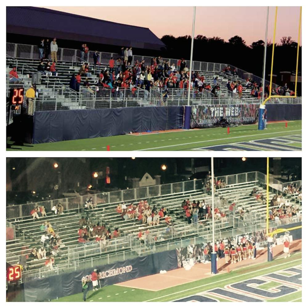 <p>The dwindling student section from a game in 2011 (top) compared to the stands during last week's game against VMI (below) | Photo by Adam Gibson</p>