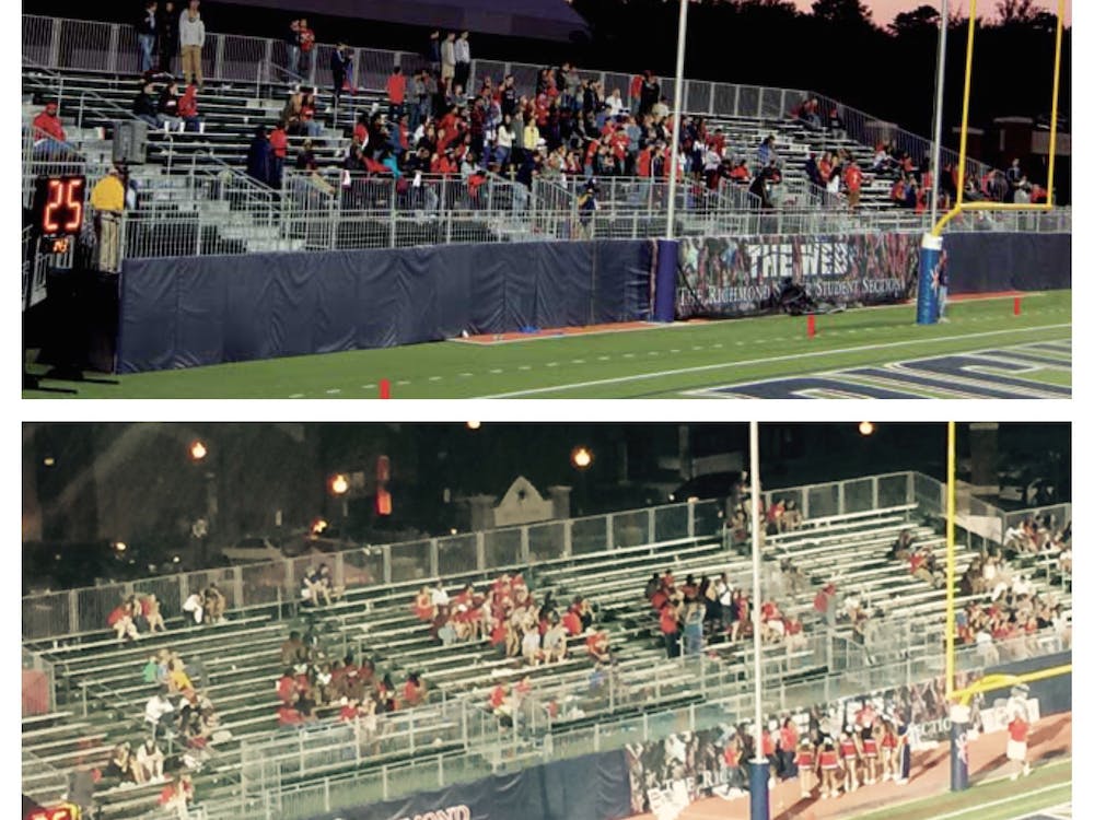 The dwindling student section from a game in 2011 (top) compared to the stands during last week's game against VMI (below) | Photo by Adam Gibson