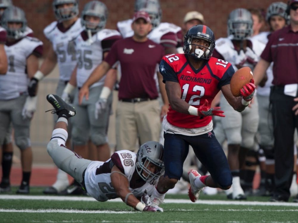 Brian Brown reaches for a pass during Richmond's win over Colgate earlier this season. 