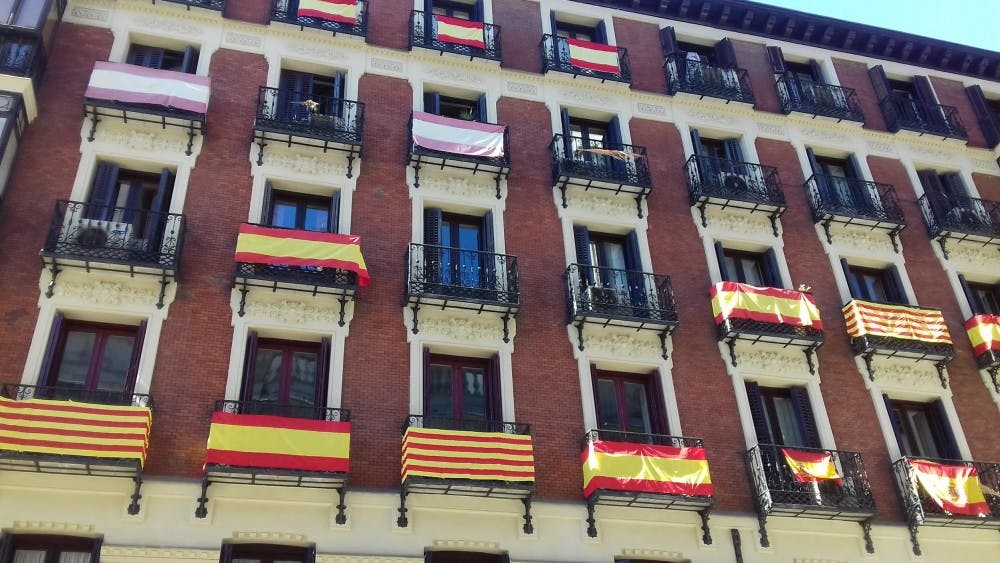 Spanish flags displayed on balconies as a response to Catalan independence&nbsp;in Madrid, Spain.&nbsp;