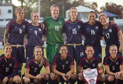 The starting 11 - (left-right bottom) - Carli Loyd, Heather Mitts, Shannon Boxx, Christie Rampone, Lindsay Tarplay. (top row) - Natasha Kai, Heather O'Reilly, Nicole Barnhart, Kate Margraf, Angela Hucles, Lori Chalupny.