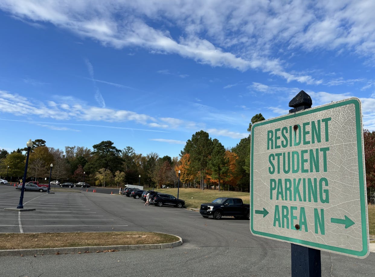 Signage at lot W85 indicating where students should be parking. 