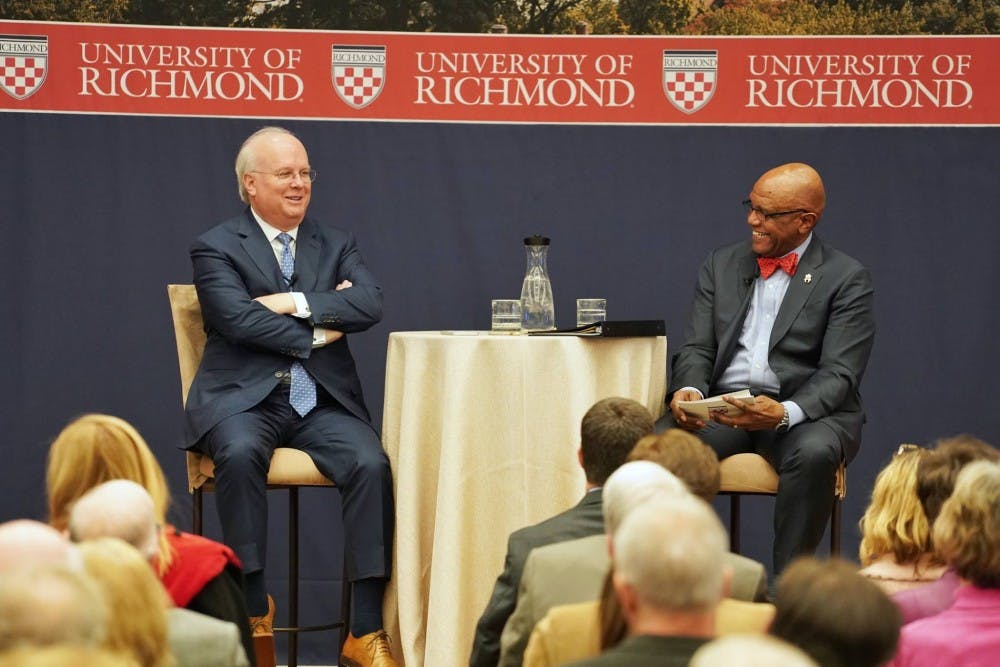 <p>Karl Rove, left, answers questions from University of Richmond President Ronald A. Crutcher during his talk Thursday night. <em>Photo courtesy of University of Richmond's Facebook page</em></p>