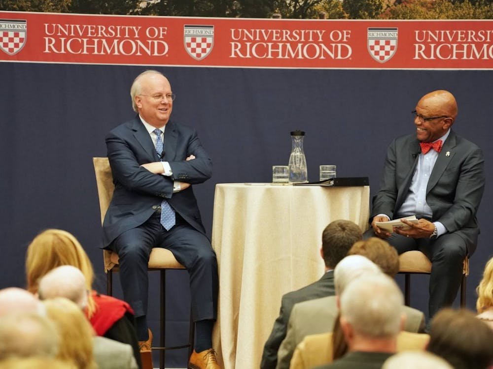 Karl Rove, left, answers questions from University of Richmond President Ronald A. Crutcher during his talk Thursday night. Photo courtesy of University of Richmond's Facebook page
