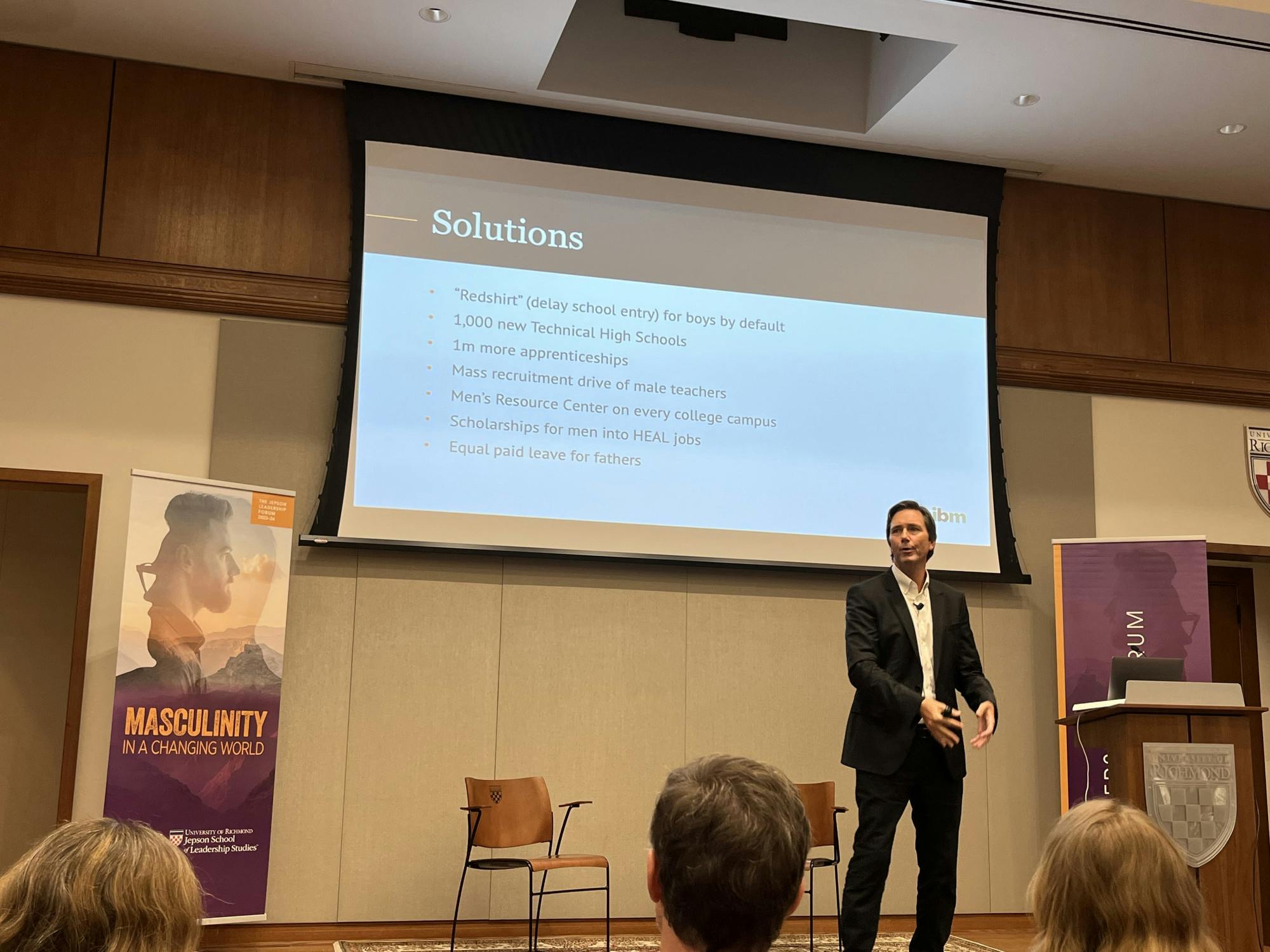 Richard Reeves at the Queally Center for Admission and Career Services speaking about masculinity in today's world on Sept. 12.&nbsp;