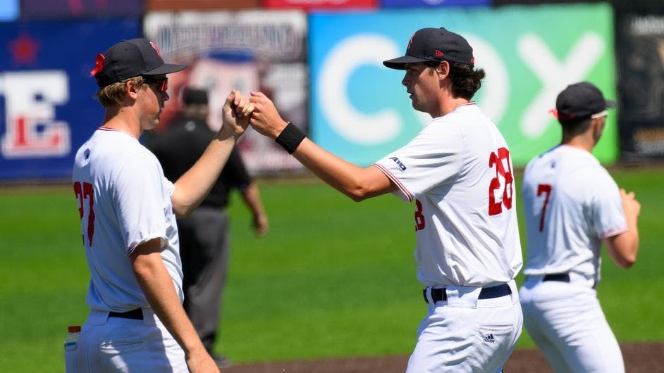 Junior pitcher Matthew Anderson and graduate pitcher Kyle Roche during the May 21 game against GWU. Courtesy of Richmond Athletics.