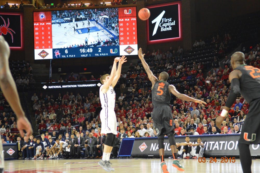 TJ Cline scored 10 points, including two 3-pointers, in the first half against Miami. The Spiders lead 30-18 at halftime. 