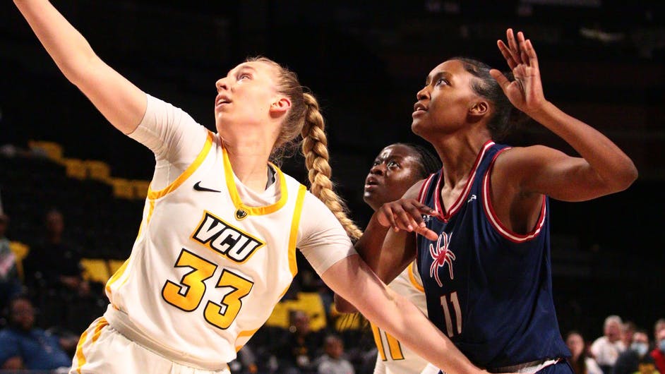 Forward sophomore Cayla Williams playing at VCU on Feb. 22. Photo courtesy of Richmond Athletics.&nbsp;