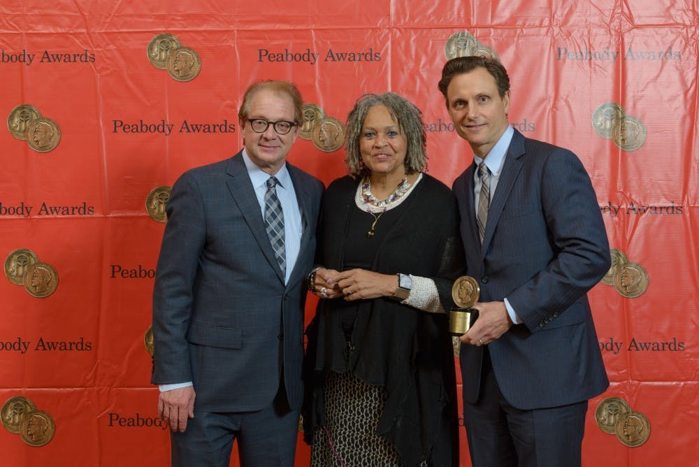 <p>Jeff Perry and Tony Goldwyn with Charlayne Hunter-Gault at the 73rd Peabody awards. Photo courtesy of Wikimedia Commons.</p>