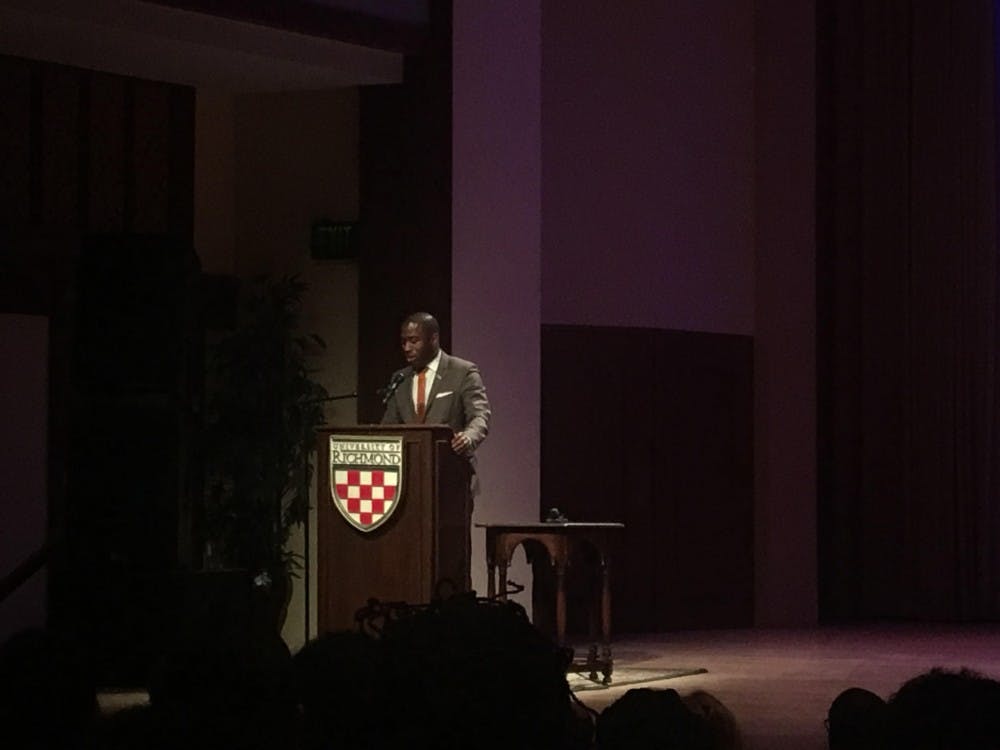 <p>Mayor Levar Stoney speaks to the UR community. He was the key note speaker at this year's MLK Jr. Commemoration.&nbsp;</p>