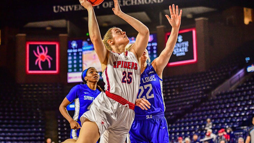 <p>Sophomore guard Katie Hill shoots at the Robins Center on Feb. 16. Photo courtesy of Richmond Athletics.&nbsp;</p>