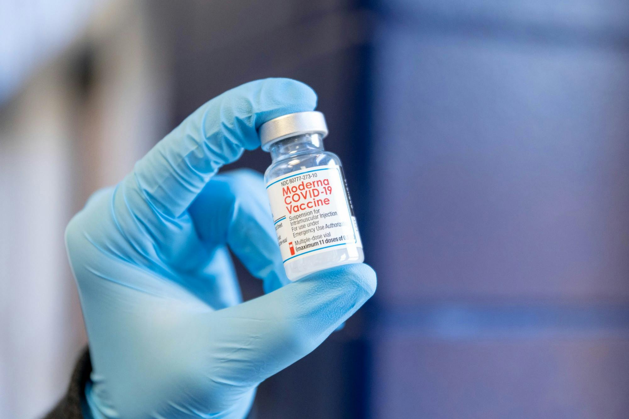 A vile of the Moderna COVID-19 vaccine.