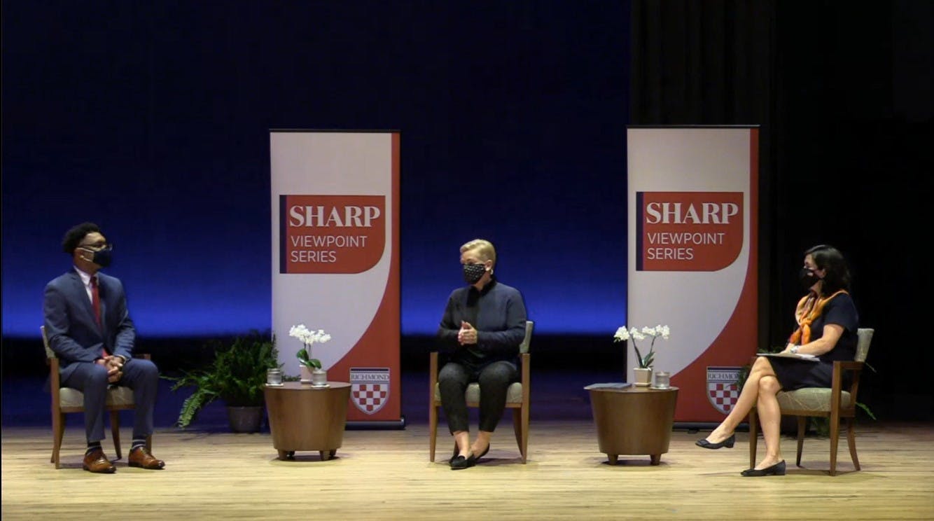 Political science professor Ernest McGowen sits down with former speechwriter Mary Kate Cary and analyst Mary Anne Marsh as part of UR's Sharp Viewpoint Series on Nov. 11.