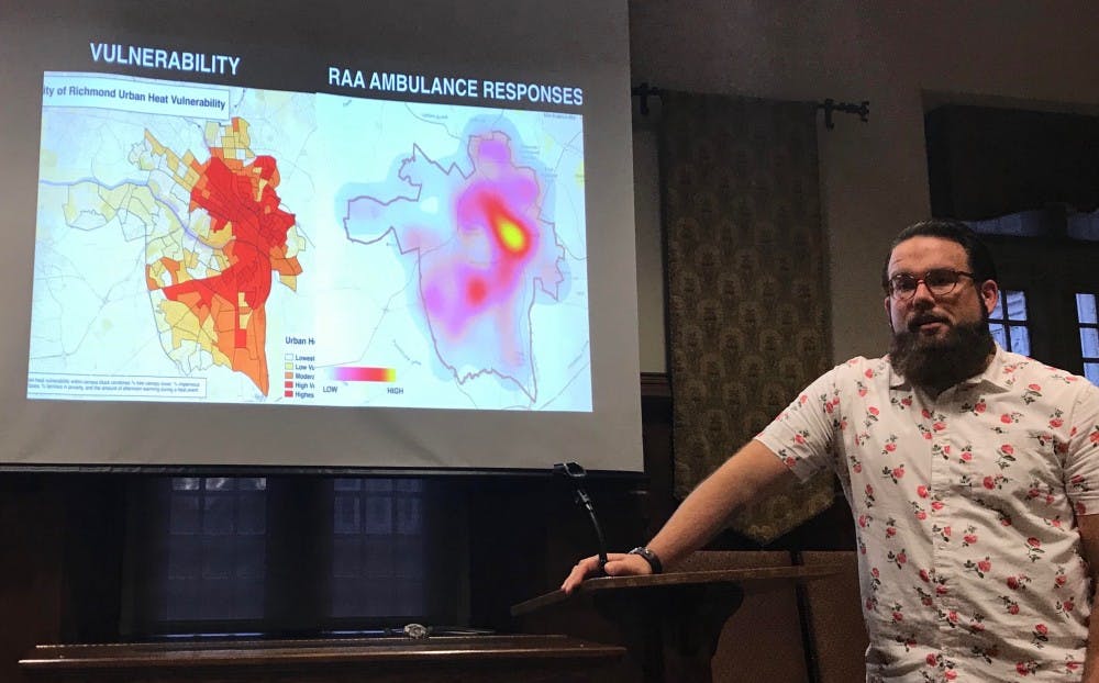 <p>Climatologist Jeremy Hoffman speaks to UR students about heat islands and their socioeconomic correlations.</p>