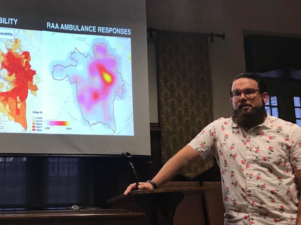 Climatologist Jeremy Hoffman speaks to UR students about heat islands and their socioeconomic correlations.