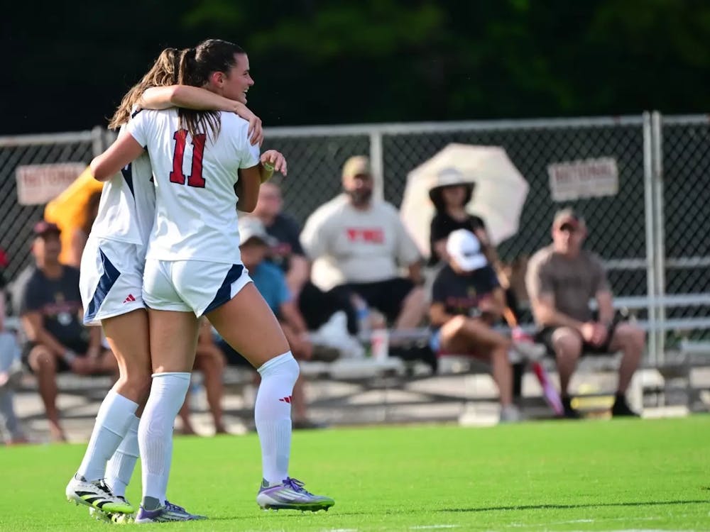 A teammate with first-year forward Emma Newman, who led the UR women's soccer team to victory on Thursday, Aug. 14. Courtesy of Richmond Athletics