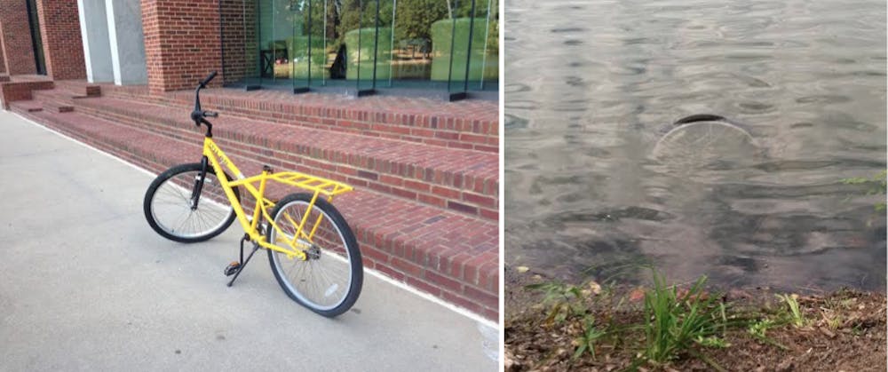<p>A campus bike with a flat tire (left), and a bike that has been pushed into the lake (right).</p>