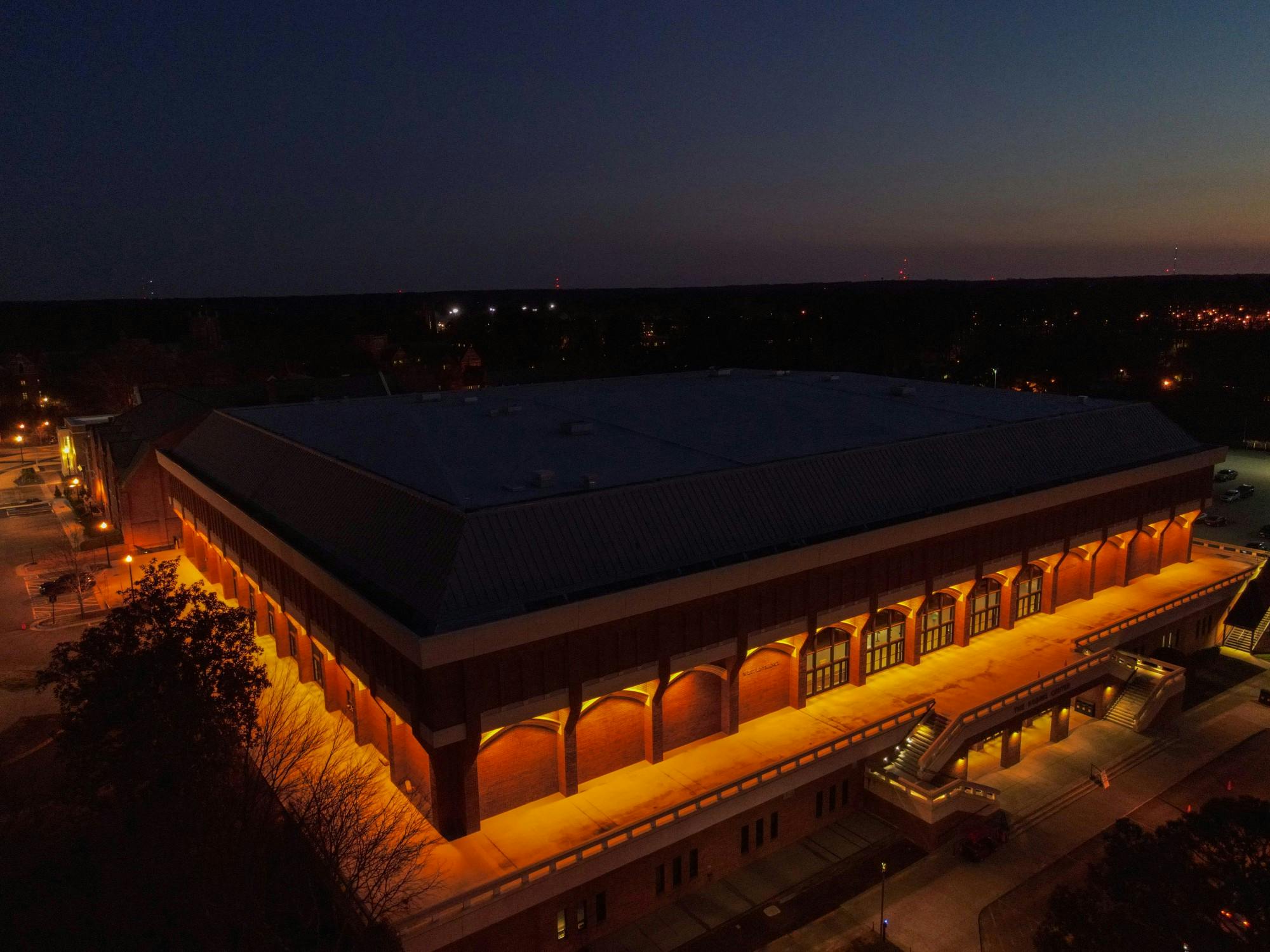 Robins Arena shines in the night.