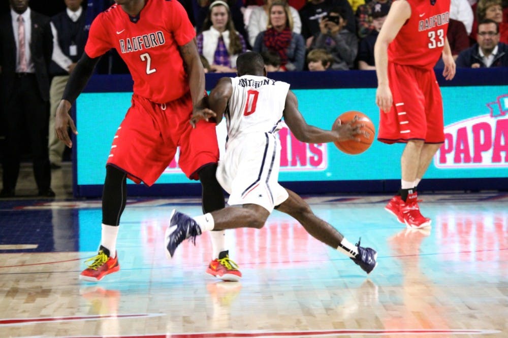 Kendall Anthony drives past Radford toward the basket.