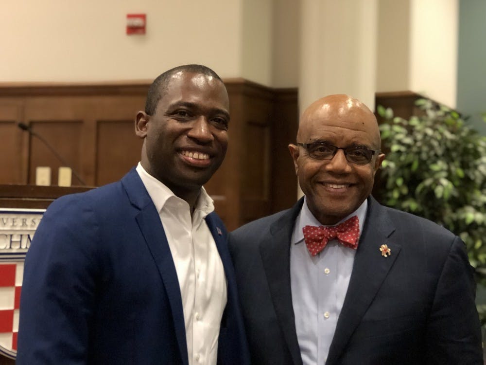 <p>Richmond Mayor Levar Stoney and University of Richmond President Ronald Crutcher pose after the Q&amp;A on April 8, 2019.</p>