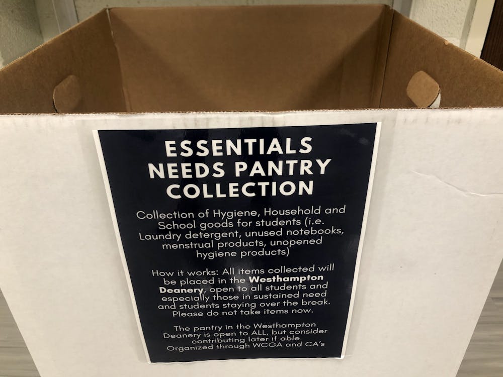 A collection bin explains the essential needs pantry initiative.