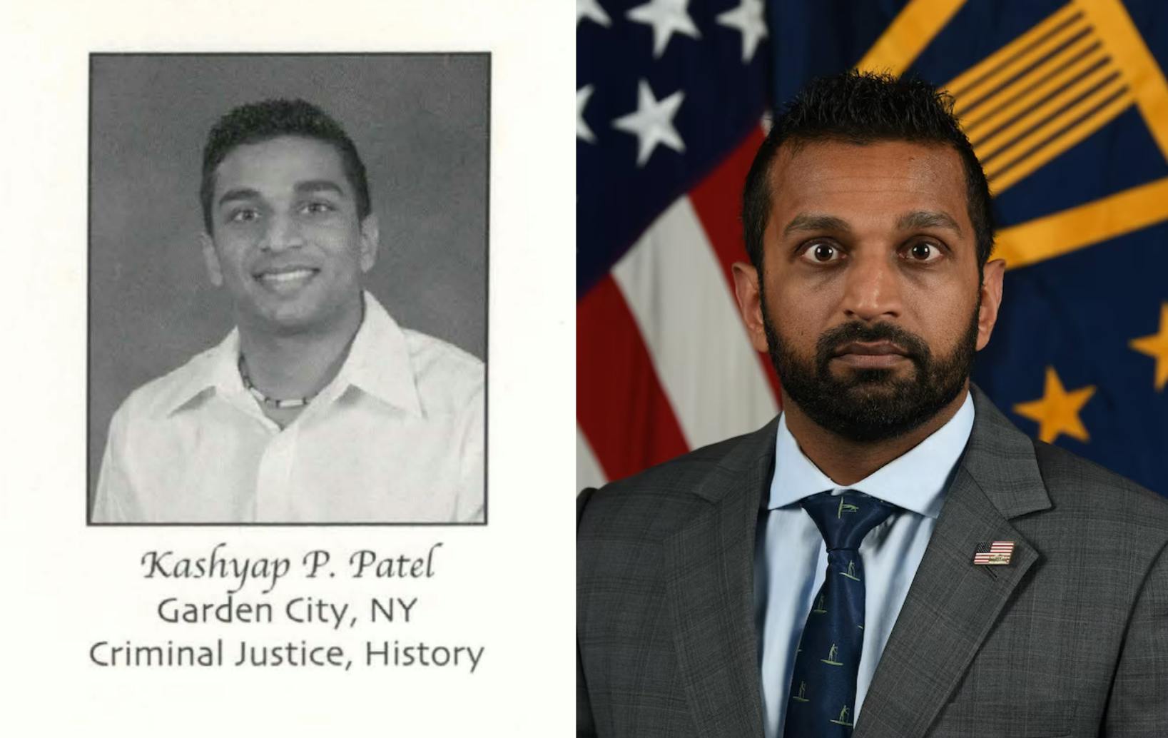 Kash Patel's senior yearbook photo from 2002 obtained by the Collegian next to his photo listed on the U.S. Department of Defense website.