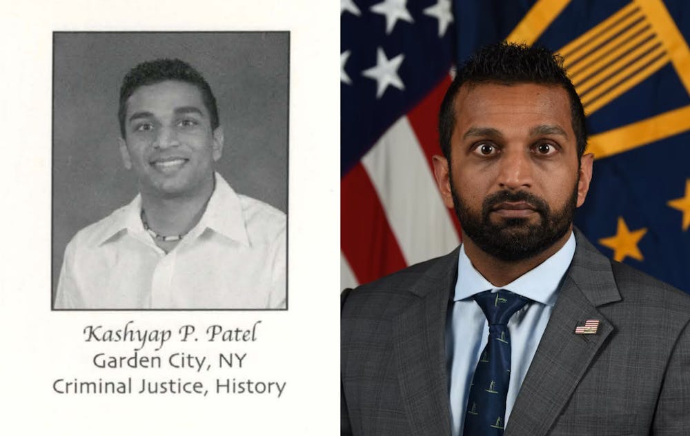 <p>Kash Patel's senior yearbook photo from 2002 obtained by the Collegian next to his photo listed on the U.S. Department of Defense website.</p>