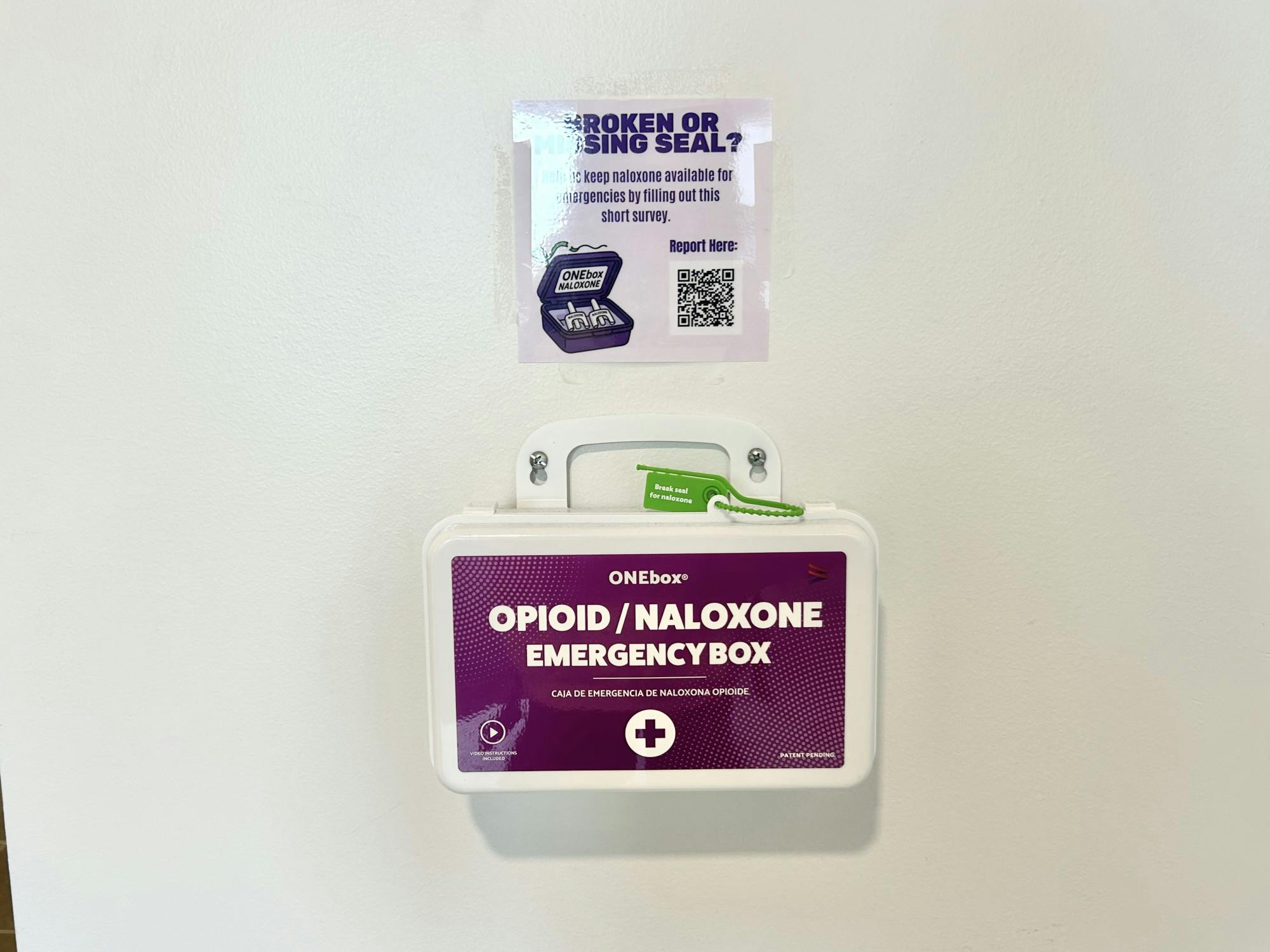 Naloxone kit in Tyler Hanes Commons, lower floor bathroom.