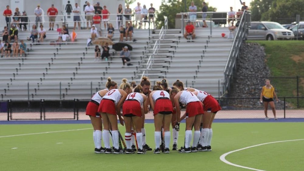 <p>The field hockey team huddles at the game against Lafayette on Oct. 2. Photo courtesy of Richmond Athletics.</p>