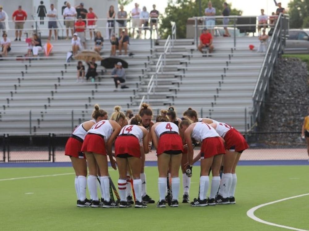 The field hockey team huddles at the game against Lafayette on Oct. 2. Photo courtesy of Richmond Athletics.