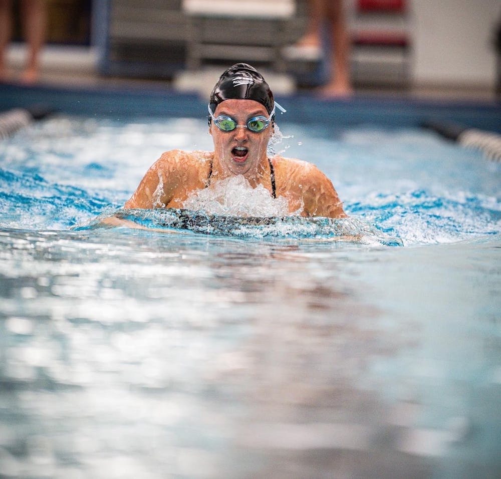 <p>Richmond swimmer and sophomore Laura Davis swims breaststroke on Jan. 13 Friday at the Robins Center Natatorium. Photo courtesy of Richmond Athletics.&nbsp;</p>