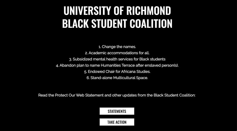 <p>The title page of <a href="http://Protectourweb.com" target="_self">protectourweb.com</a> listing the Black Student Coalition's six demands.</p>