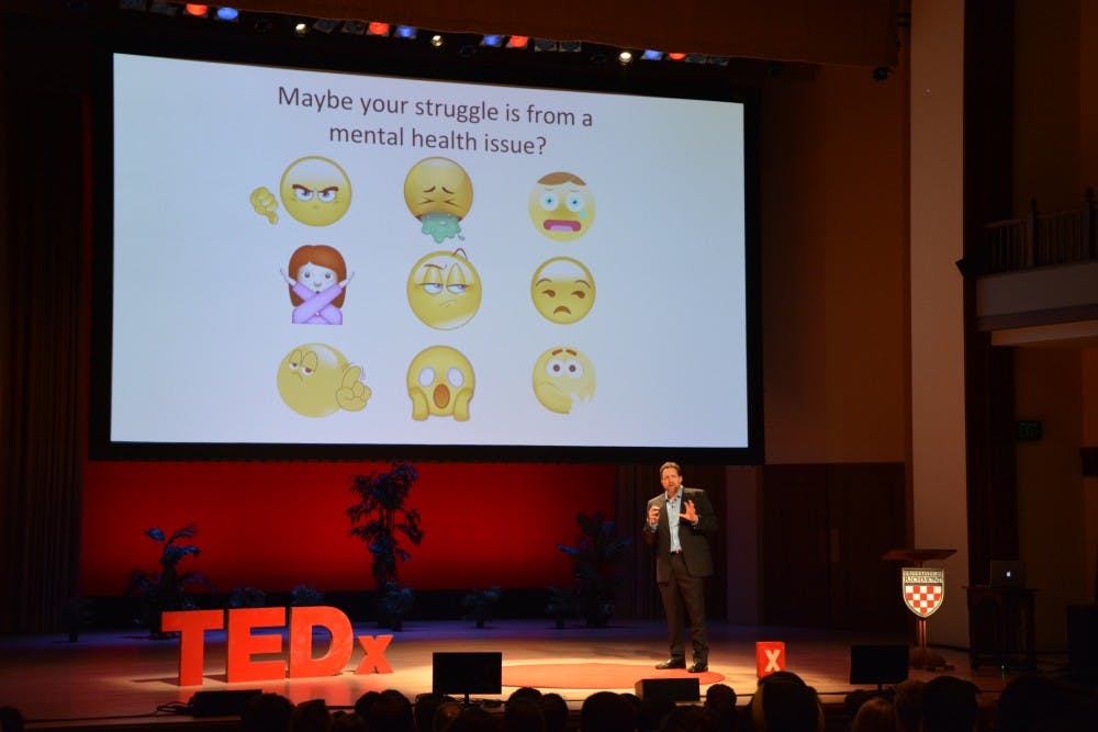 <p>Ed King, M.D., gives a TEDx&nbsp;presentation about the stigma of mental health issues in Camp Concert Hall.</p>