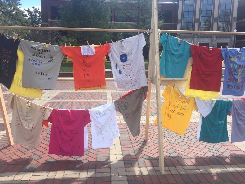 T-shirts on display in the Forum as part of the Clothesline Project.&nbsp;