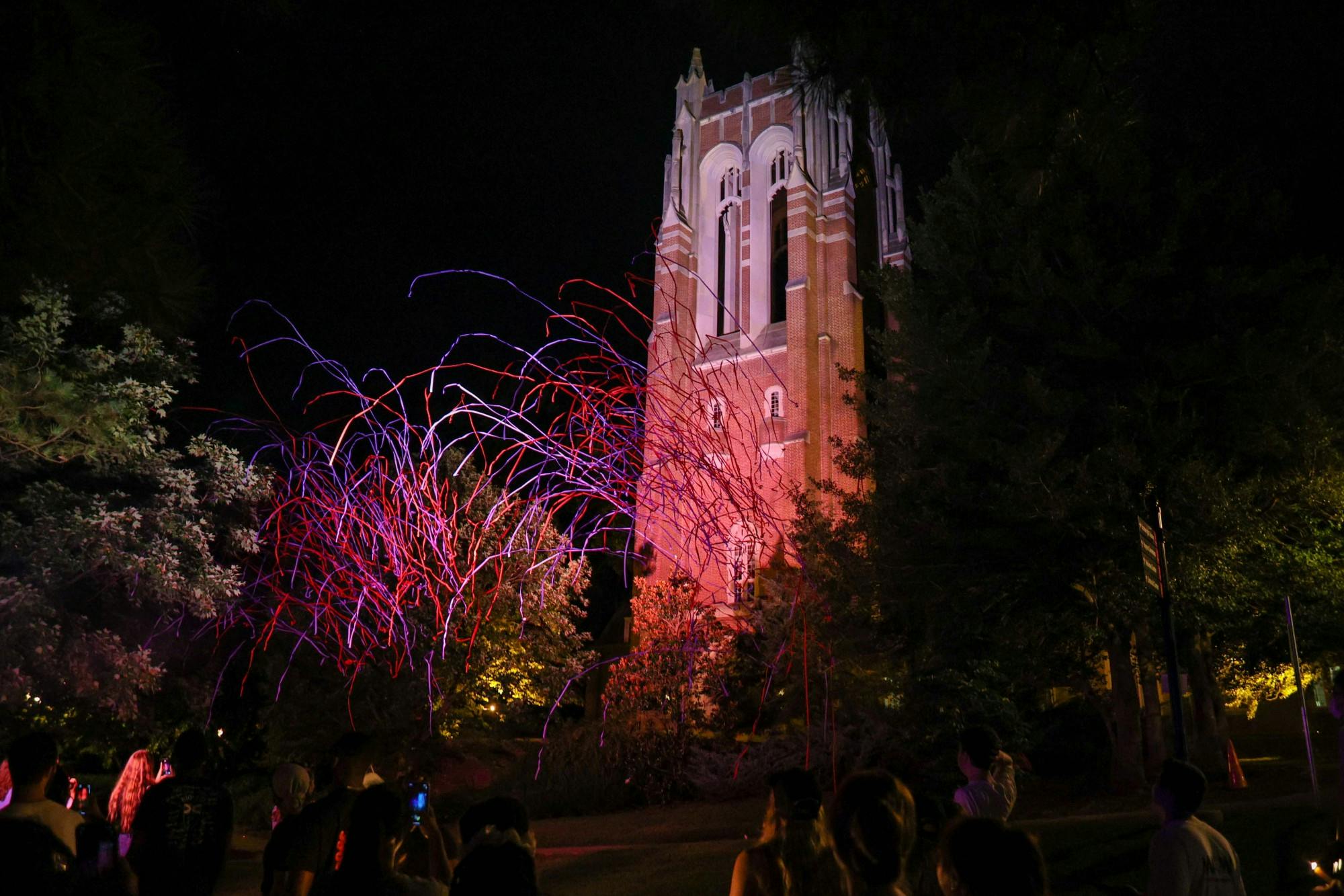Welcome to Our Web hosted Spider Drop, the first event of its kind to welcome the new semester, on Aug. 22 in the Richmond Hall Quad. The event included the Ignite ceremony featuring candles and sparklers followed by a projection of the Richmond spider being dropped down Boatwright Tower.